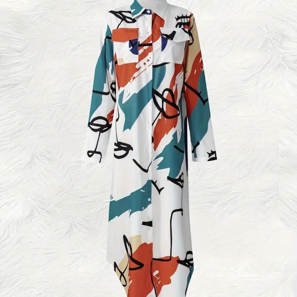 Blue and Orange Long Sleeve Notched Collar Dress